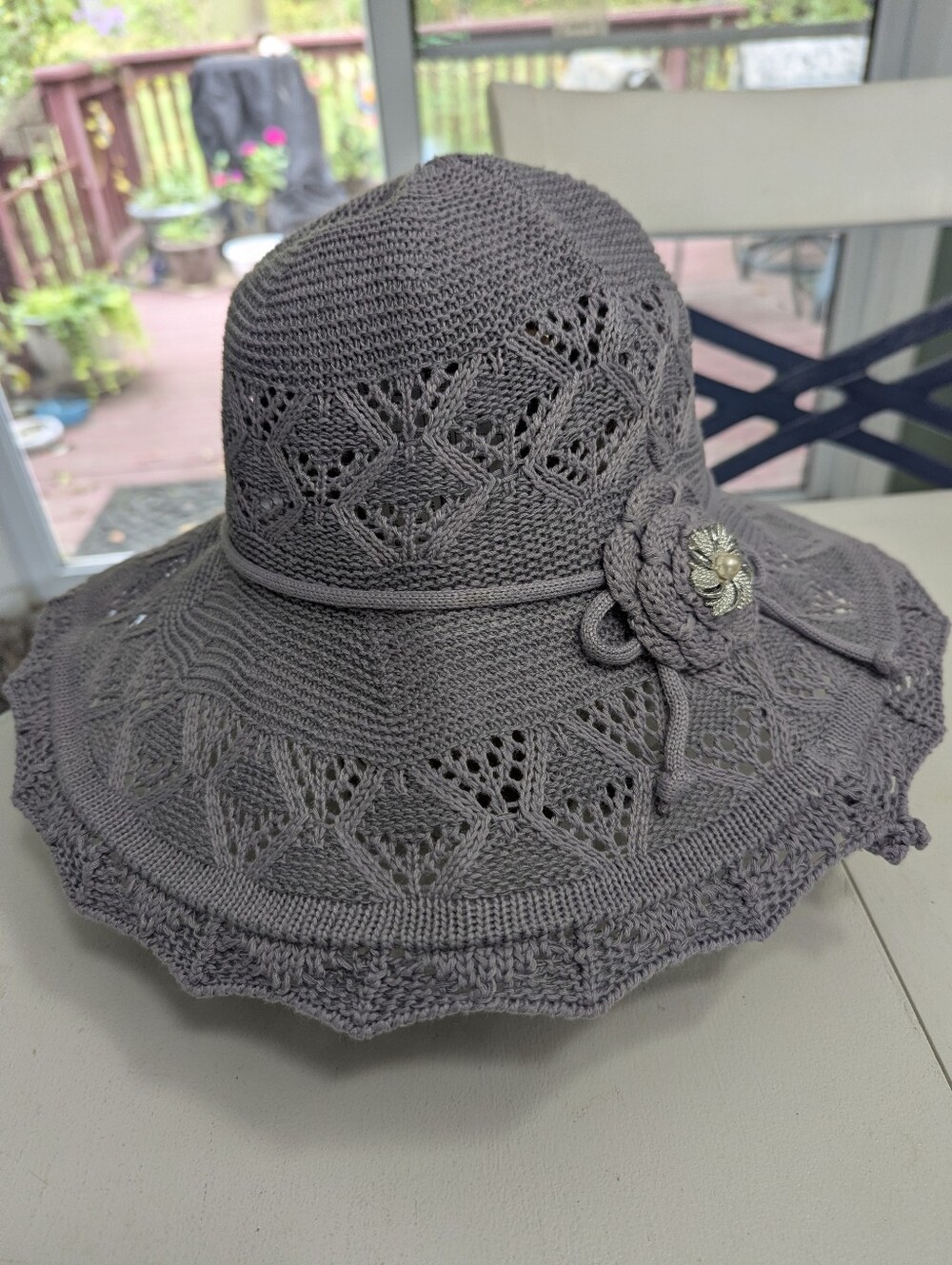 Handmade Grey Crochet Hat with Decorative Vintage Flower Embellishment - NWT